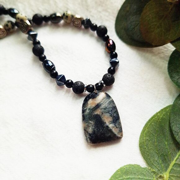 Beaded Jasper Pendant Necklace, Boho Grunge Necklace, Hippie Goth Choker - Picture 5 of 9